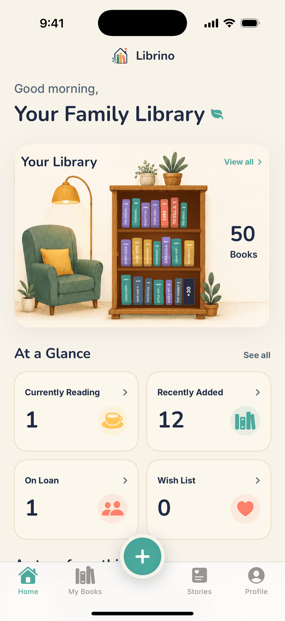 Librino home dashboard showing a family library overview