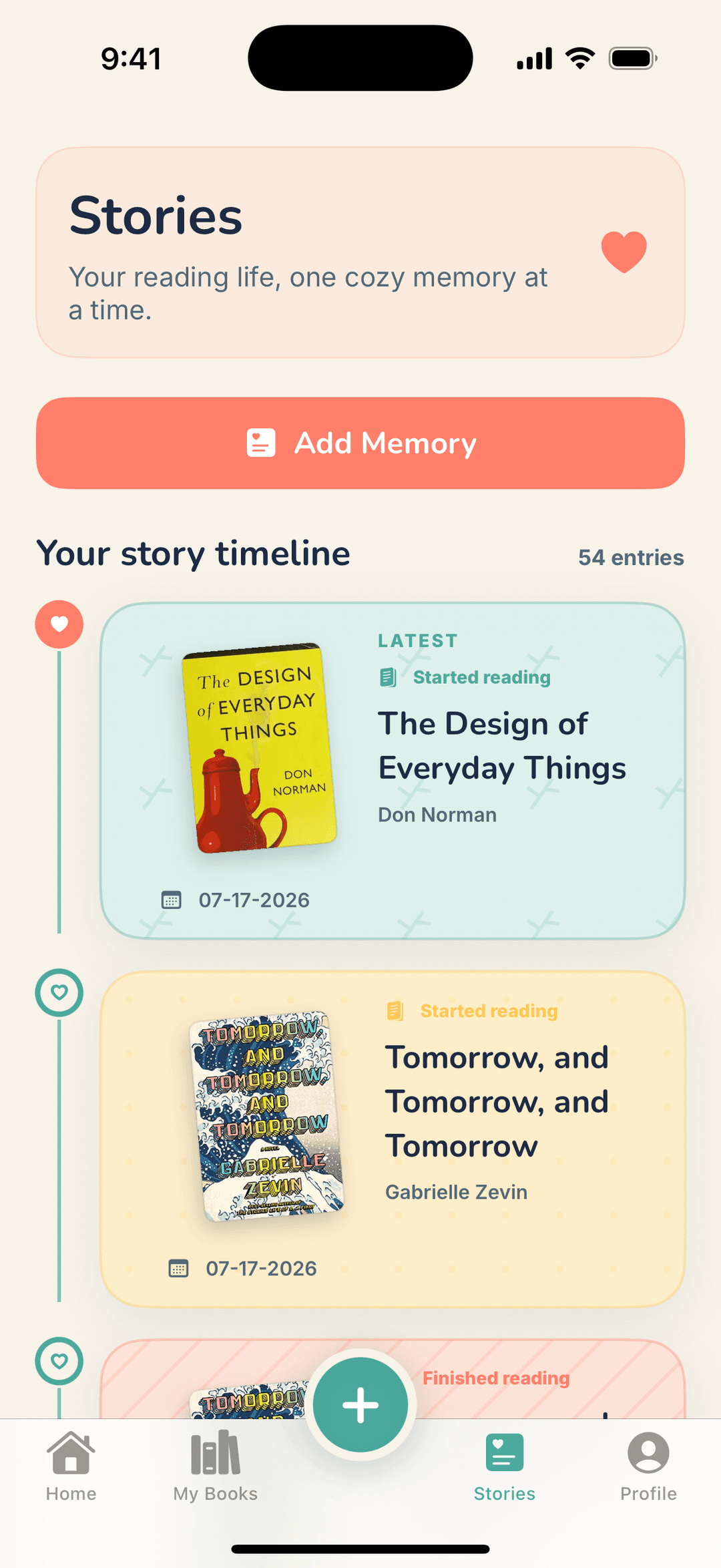Librino Stories timeline showing reading memories